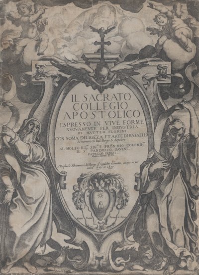 Frontespizio con due figure che tengono pergamene e cherubini che fiancheggiano il cartiglio da Raffaello Schiaminossi