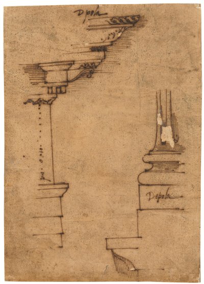 Progetto per una trabeazione e la base di un piedistallo (penna e inchiostro bruno, su carta da lucido) da Raffaello da Montelupo