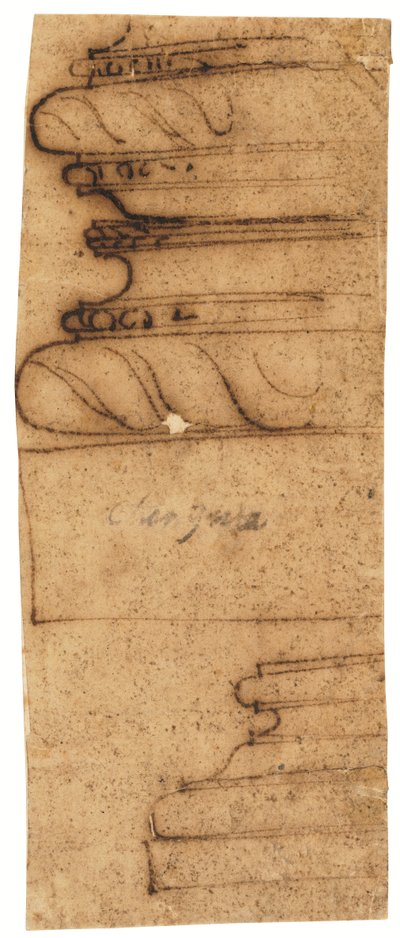Due frammenti architettonici (penna e inchiostro bruno, su carta da lucido oliata) da Raffaello da Montelupo
