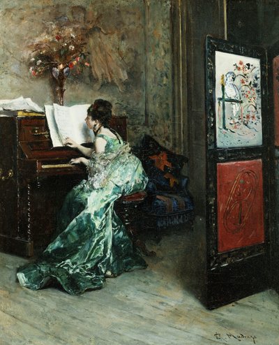Una signora che suona il piano in un interno da Raimundo de Madrazo y Garreta