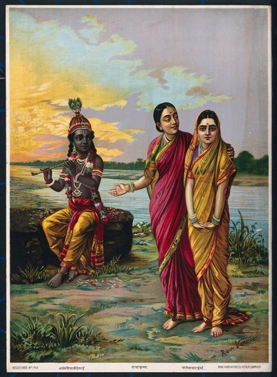 Krishna che dichiara il suo amore per Radha tramite una confidente, dopo il 1900 da Raja Ravi Varma