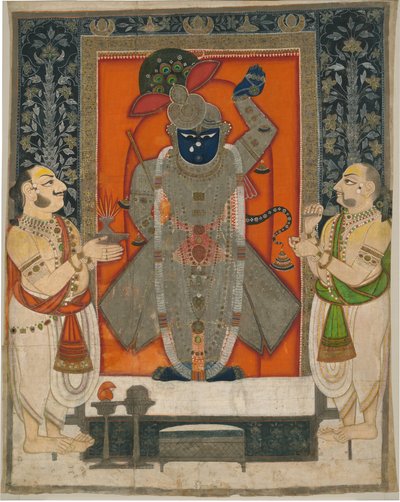 Sacerdoti che adorano Krishna come Shrinathji per il festival della Montagna di Cibo [Annakuta utsava]; arazzo del santuario [pichhavai] da Rajasthan Kota school