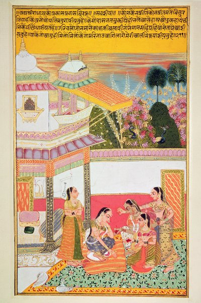 Donna che tinge i palmi delle mani, da Bundi, 1800 da Rajasthani School