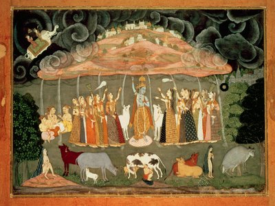 Krishna che sostiene il Monte Govardhana di Ustad Sahibdin, Bikaner da Rajput School