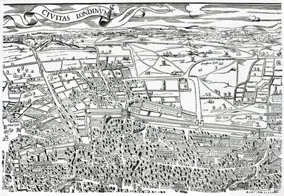 Dettaglio di Londra a nord della città da Civitas Londinium da Ralph Agas