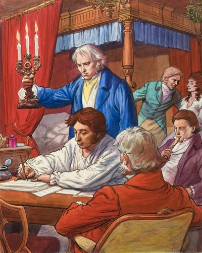 Gioacchino Rossini (1792-1868) mentre compone "La preghiera per Mosè" nella sua camera da letto (gouache su carta) da Ralph Bruce