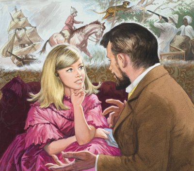 Mary Kingsley (1862-1900), esploratrice, ascolta lo zio narratore Charles Kingsley (1819-75) (gouache su carta) da Ralph Bruce