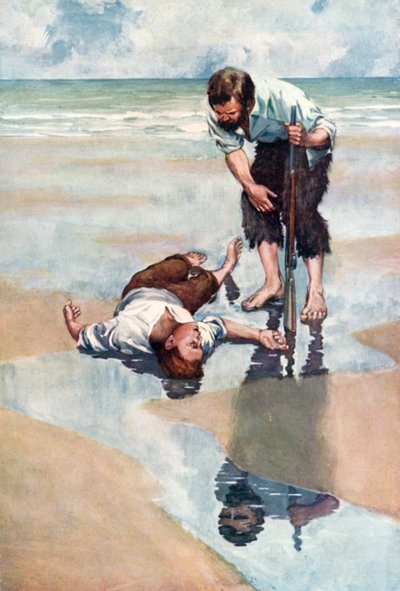 Illustrazione per Robinson Crusoe di Daniel Defoe (litografia a colori) da Ralph Noel Pocock