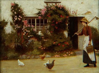 Giovane ragazza con una zappa fuori da un cottage da Ralph Todd