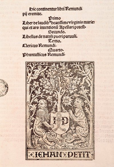 Pagina del codice "De Laudibus Beatissimae Virginis Mariae" di Ramon Llull (1235-1315), raffigurante due leoni che tengono lo stemma del tipografo Jehan Petit da Ramon Llull