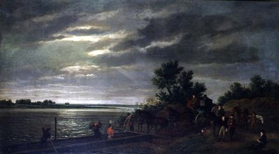 Una carrozza e cavalli che entrano in un traghetto sul fiume Leck in Olanda di notte da Ramsay Richard Reinagle