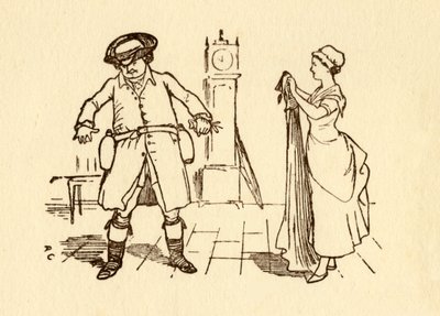 John Gilpin attacca bottiglie di vino alla sua cintura, 1878, c1918 da Randolph Caldecott