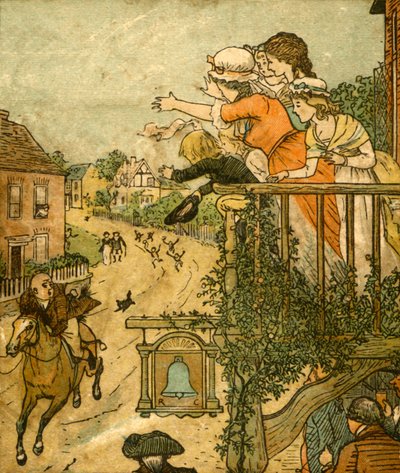 John Gilpin galoppa oltre il Bell Inn mentre sua moglie e i suoi figli salutano dal balcone, 1878, c1918 da Randolph Caldecott