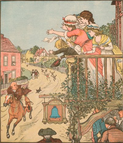 John Gilpin galoppa oltre il Bell Inn mentre sua moglie e i suoi figli salutano dal balcone, 1878, c1918 da Randolph Caldecott