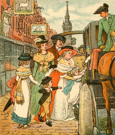 John Gilpin saluta la sua famiglia in una carrozza a due cavalli, 1878, c1918 da Randolph Caldecott