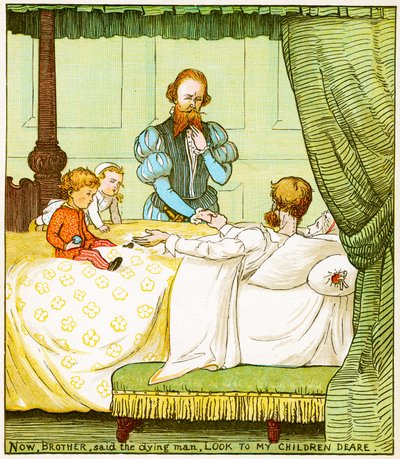 "Ora, fratello, disse il morente, prenditi cura dei miei cari figli", illustrazione da Babes in the wood da Randolph Caldecott
