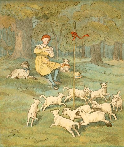 Il ragazzo contadino suona il suo flauto mentre gli agnelli danzano intorno al suo bastone da pastore, c1881 da Randolph Caldecott