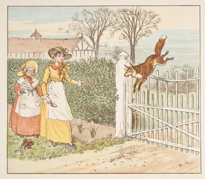 La volpe salta oltre il cancello del parroco, da The Hey Diddle Diddle Picture Book, pub.1882 da Randolph Caldecott