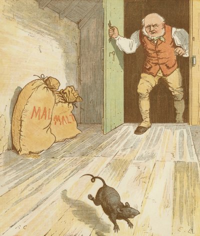 La Casa che Jack Costruì, filastrocca accumulativa. Il ratto che ha mangiato il malto. Illustrazione di Randolph Caldecott. da Randolph Caldecott