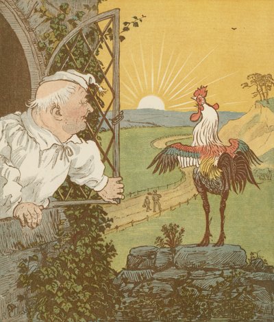 La Casa che Jack Costruì, filastrocca cumulativa. Questo è il Gallo che cantò al mattino... Illustrazione di Randolph Caldecott da Randolph Caldecott