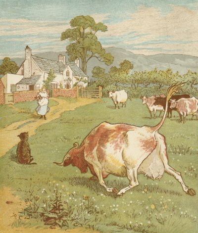 La Casa che Jack Costruì, filastrocca accumulativa. Questa è la mucca con il corno accartocciato che ha lanciato il cane... Illustrazione di Randolph Caldecott. da Randolph Caldecott