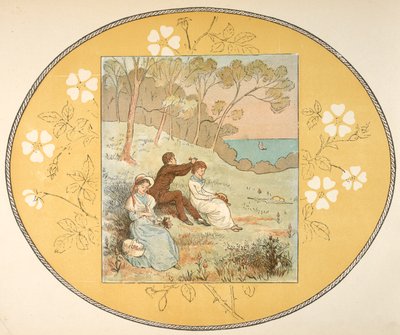 Due donne e un uomo seduti in una radura vicino alla costa. Bordo floreale da Randolph Caldecott