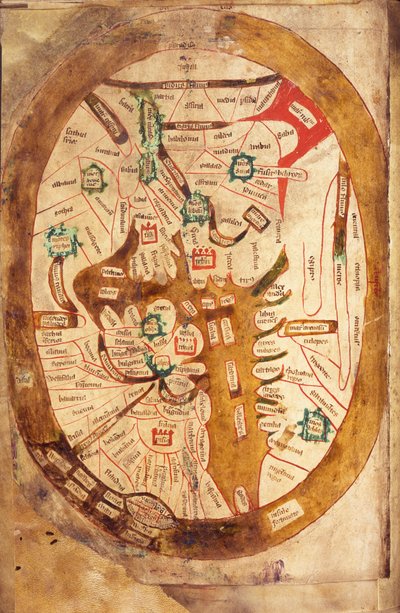 Ms.89 Higden fol.13v Mappa del mondo da Ranulf Higden