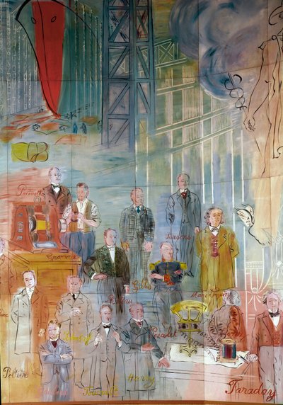 La Fee Electricite, particolare: Ritratti di diversi intellettuali e scienziati: Antonio Pacinotti, Zenobe Gram, Josiah Willard Gibbs, Charles Algernon Parsons, Marc Seguin, Auguste Camille Rateau, Jean Victor Celet e Michael Faraday. 1937 (pittura) da Raoul Dufy
