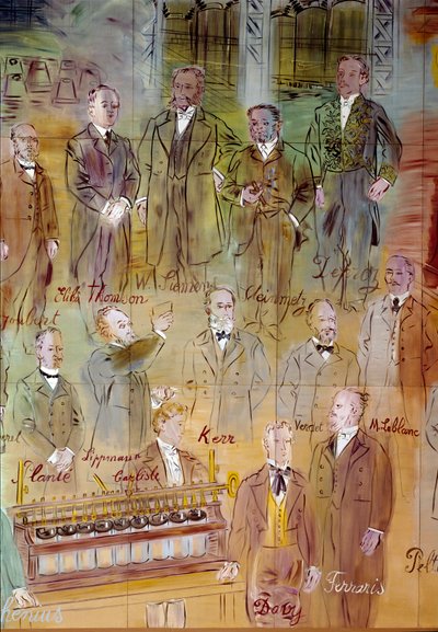 La Fee Electricite, particolare: Ritratti di diversi intellettuali e scienziati: Jules Francois Joubert, Elihu Thomson, Ernst Werner Siemens, Charles Proteus Steinmetz, Marcel Deprez, Gaston Plante, Gabriel Lippmann, John Kerr, Maurice Leblanc, Humphrey Da da Raoul Dufy