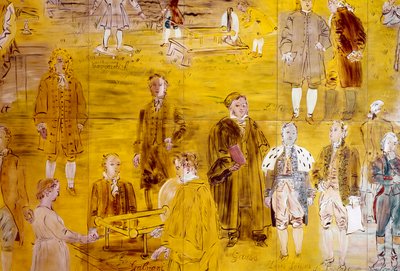 La Fee Electricite, dettaglio: Ritratti di diversi scienziati: Henry Cavendish, Le Monnier, Franz Aepinus, Denis Papin, Joseph Priestley, Luigi Galvani, Carl Friedrich Gauss, Simeon-Denis Poisson, Pierre Simon de Laplace e Charles de Coulomb. 1937 (vernice da Raoul Dufy