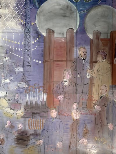 La Fee Electricite, particolare del lato sinistro raffigurante gli scienziati da Raoul Dufy