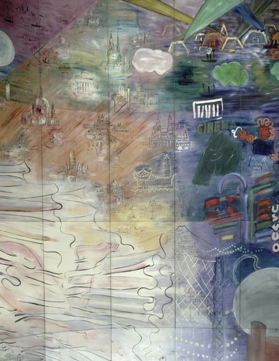 La Fee Electricite, particolare del lato sinistro raffigurante diverse città da Raoul Dufy