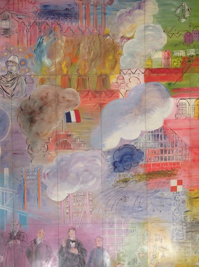 La Fee Electricite, particolare del lato destro raffigurante una stazione e le ciminiere di una fabbrica da Raoul Dufy