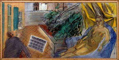 Nudo al patio. Uomo che suona il violoncello davanti a uno spartito e vicino a lui una donna nuda lo ascolta da Raoul Dufy