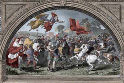 Rappresentazione di Papa Leone I detto il Grande (390-461) contro il capo degli Unni Attila (ca. 395-453) nel 452 a Mantova - Invasioni barbariche - (Papa Leone I il Grande incontra il re degli Unni Attila nel 452) (dopo Raffaello) da after Raphael