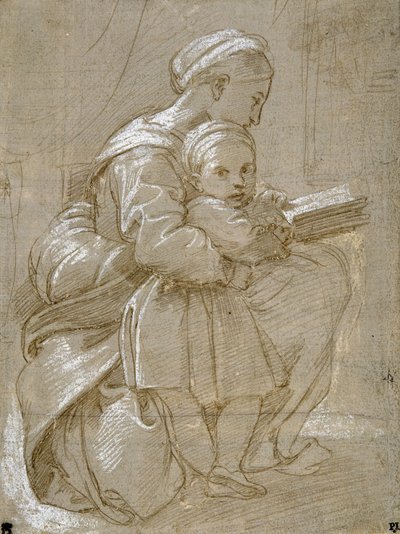 Una donna seduta su una sedia che legge, con un bambino al suo fianco da Raphael