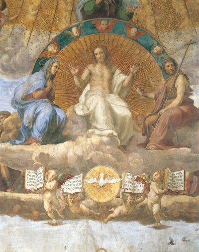 Cristo affiancato dalla Beata Vergine Maria e San Giovanni Battista, dettaglio della Disputa del Sacramento da Raphael