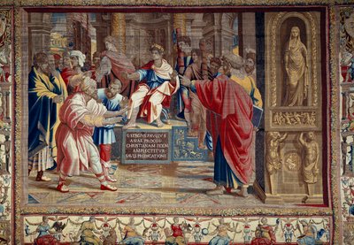 Vita degli apostoli Pietro e Paolo: la punizione di Barjesu (Elymas) mago ebreo che si oppose a Paolo e fu temporaneamente cieco. La scena si svolge davanti al proconsole romano Lucio Sergio Paolo e San Barnaba. da after Raphael