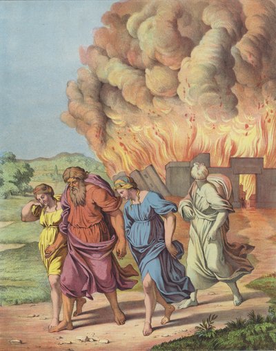 Lot e la sua famiglia fuggono dalla distruzione di Sodoma da after Raphael