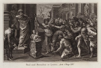Cartone di Raffaello: Paolo e Barnaba a Listra, Atti, Cap. XIV (incisione) da after Raphael