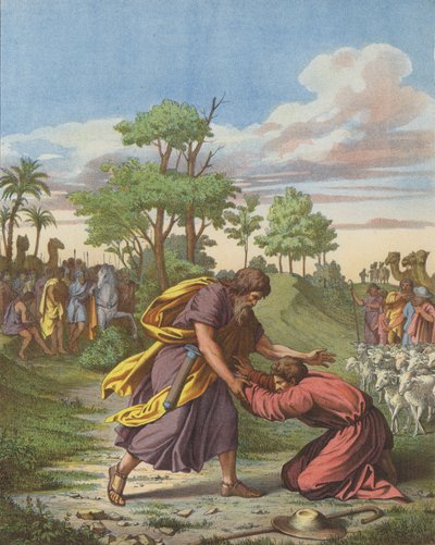 Riconciliazione di Giacobbe ed Esaù (litografia a colori) da after Raphael