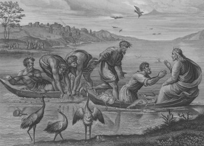 La pesca miracolosa, San Luca 5, Versetti 1-12 (incisione) da after Raphael