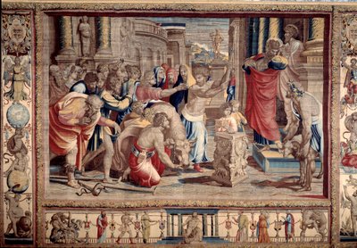 Il sacrificio a Listra - Vita degli apostoli Pietro e Paolo: San Paolo rifiuta onori divini, dopo aver guarito un invalido, gli abitanti lo prendono per un dio e vogliono fare sacrifici - Arazzo da cartone di Raffaello Sanzio da after Raphael