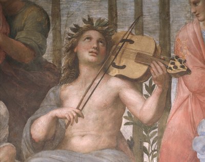 Parnaso, (dettaglio) di Apollo che suona una viola da braccio, dalla Stanza della Segnatura da Raphael