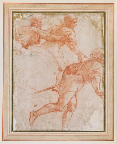 Un soldato che corre a destra e due cavalieri con le braccia tese da Raphael