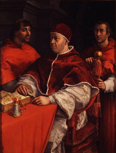 Ritratto di Papa Leone X con i cardinali Giulio de Medici e Luigi de Rossi, ca 1518 da Raffaello Sanzio Raphael