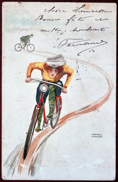Cartolina di una donna in bicicletta - disegno di R. Kirchner, c. 1900. da Raphael Kirchner