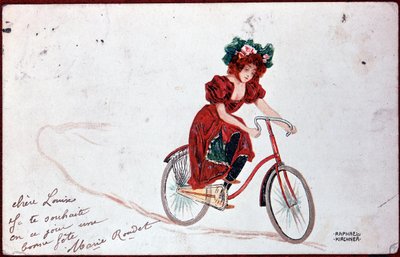 Cartolina di una donna in bicicletta - illustrazione di R. Kirchner, ca. 1900 da Raphael Kirchner