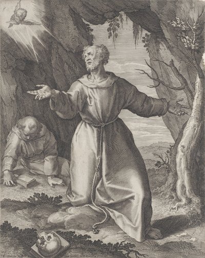 San Francesco in ginocchio con le braccia tese, guardando verso un cherubino in alto a sinistra da Raphael Sadeler