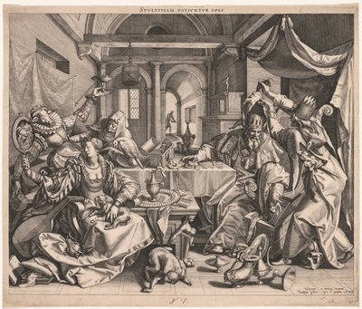 Stultitiam patiuntur opes Ricchezza permette Stupidità, o, Allegoria della Ricchezza, Lussuria e Stupidità da Raphael Sadeler